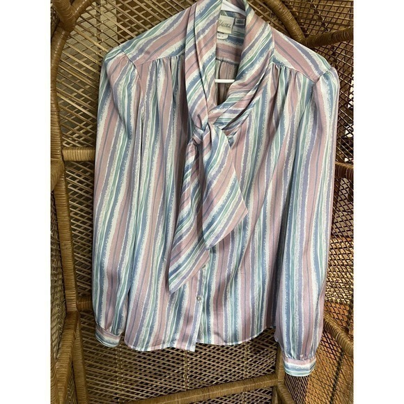 Vintage 70s Large Pykettes Pink Blue Polyester Collared Button Up Blouse Size 16 - Picture 4 of 6